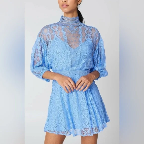 NWT Free People Blue Lace Bittersweet | Mock Neck 3/4 Dolman Sleeves Size 6 - Picture 2 of 14